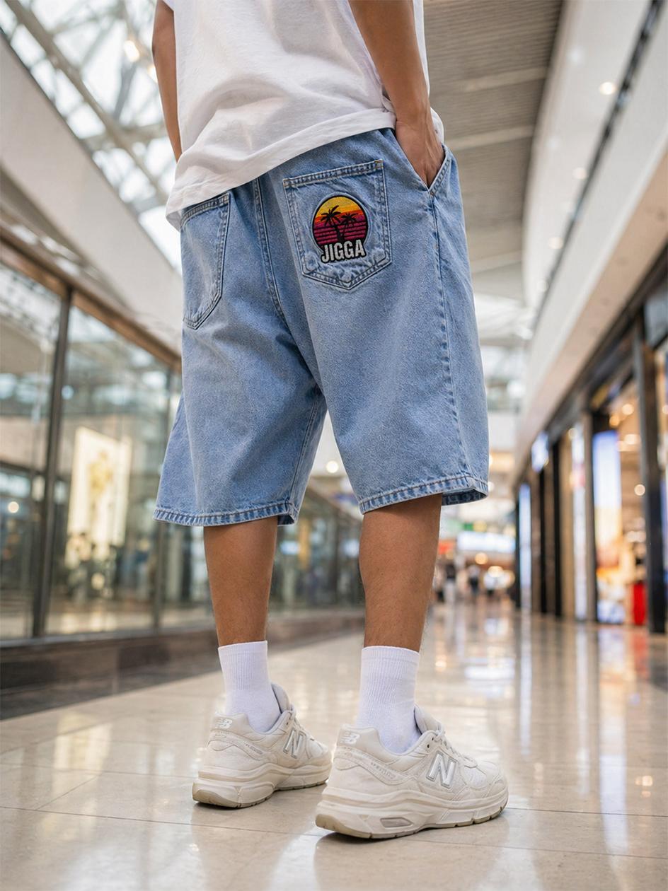 Jasnoniebieskie szerokie szorty jeansowe baggy styl Y2K Jigga Wear Palm